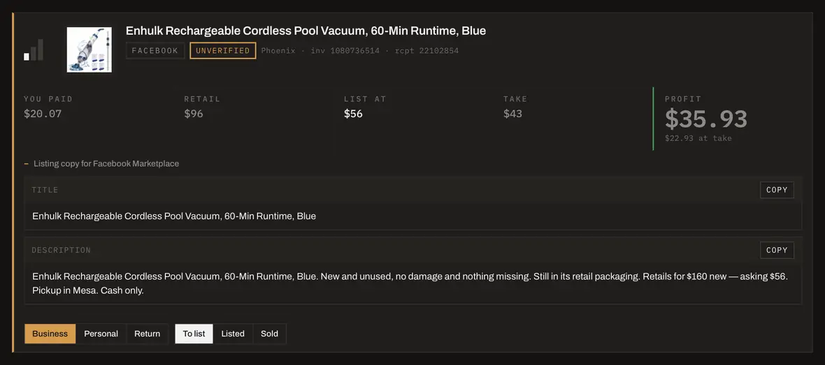 A single lot in HustleBid with its cost, retail, list price, take and profit, and the Facebook listing written out