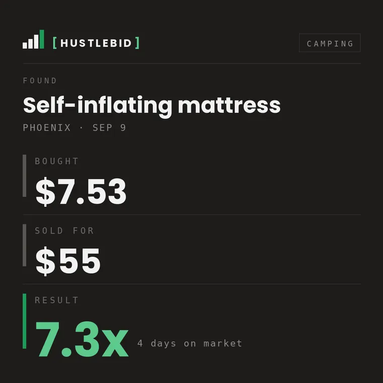 Self-inflating camping mattress, Phoenix: bought $7.53, sold $55, 7.3 times, four days